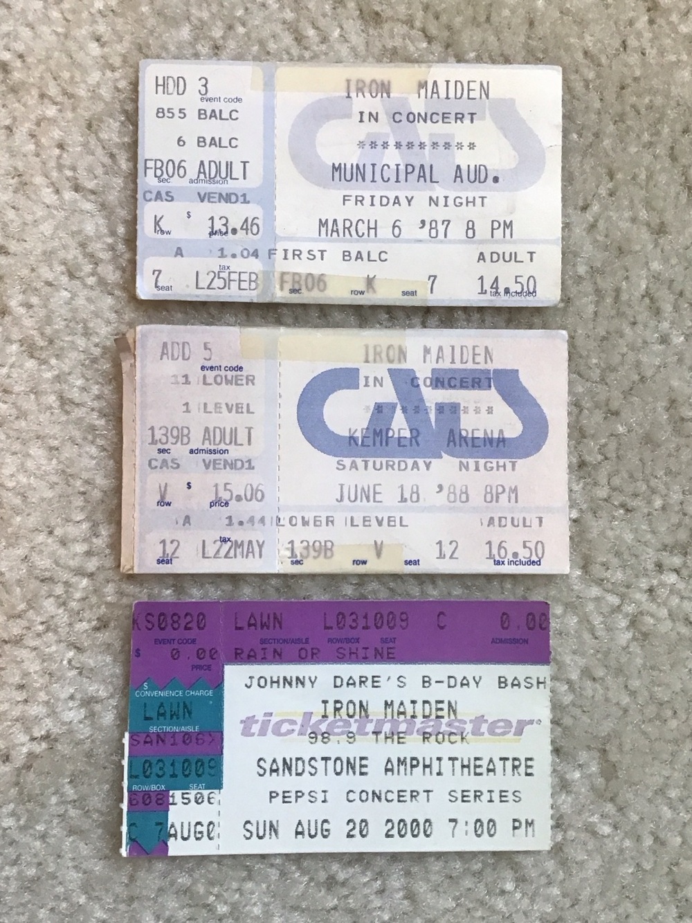 Vintage Rock Memorabilia Iron Maiden Concert Ticket Stub Collection, Set of 3, 1